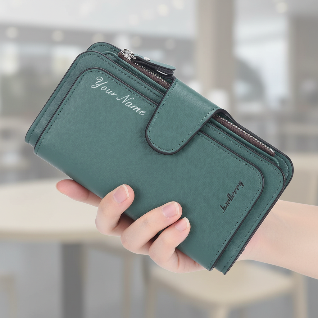 Long zip around wallet with custom engraving, 15 card slots and secure zip pocket