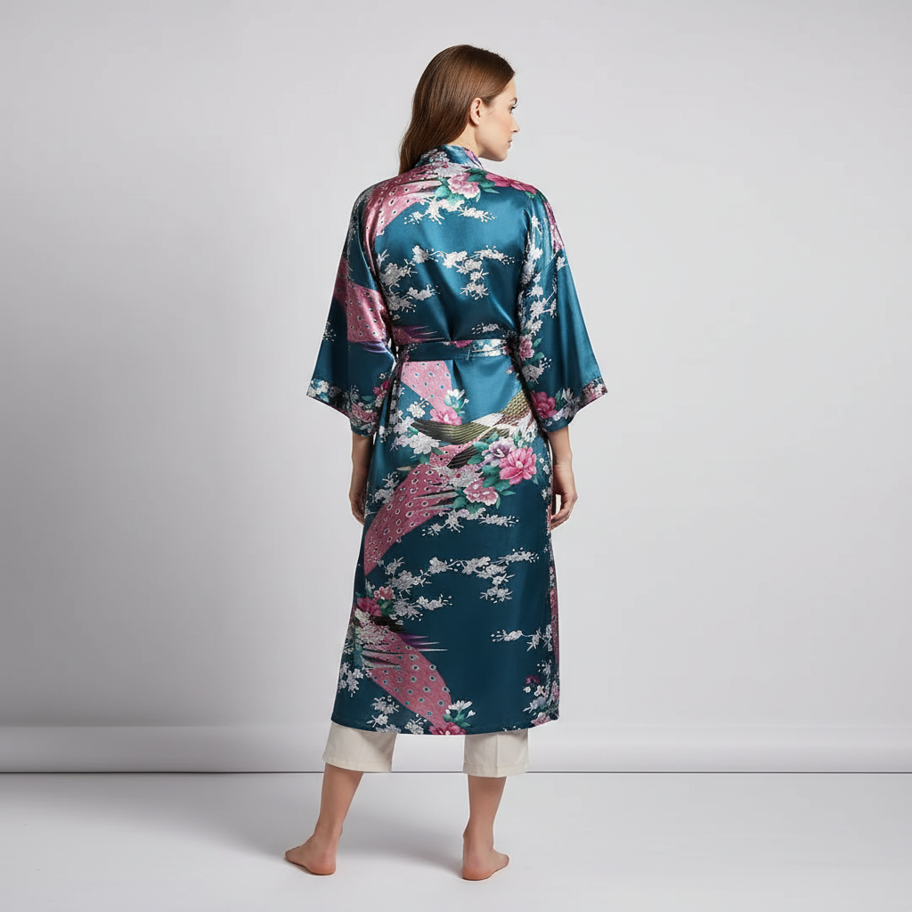 Short floral kimono robe with delicate sheen and above-knee length