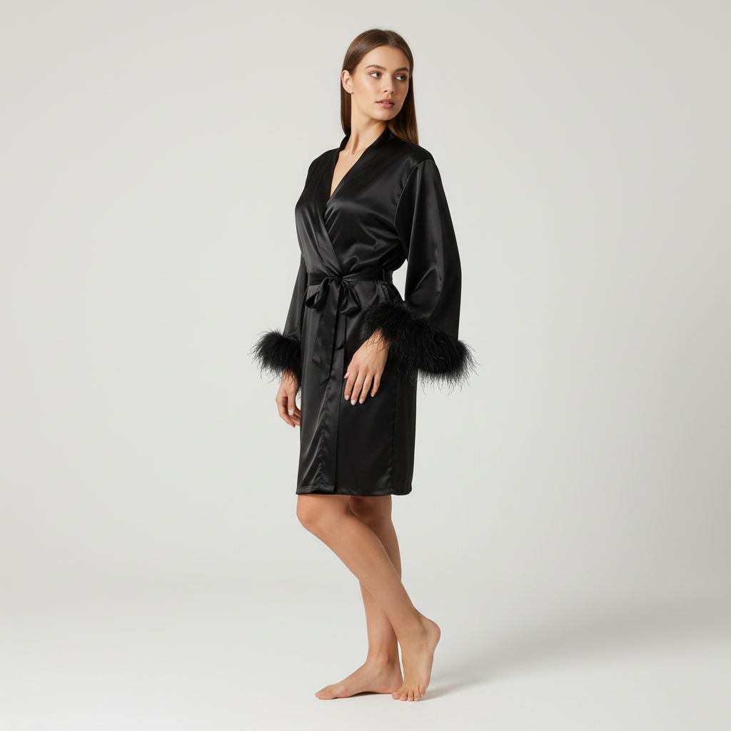 Short wrap robe with feather-trimmed cuffs and smooth draping finish