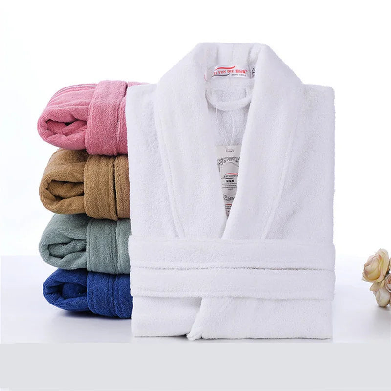 Unisex plush towelling robe knee length with shawl collar