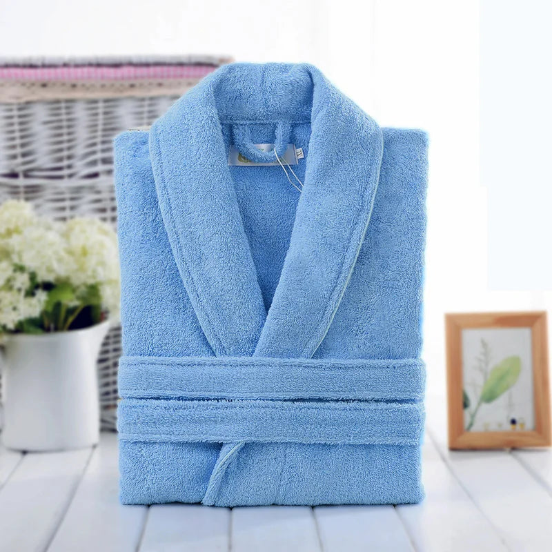 Unisex plush towelling robe knee length with shawl collar