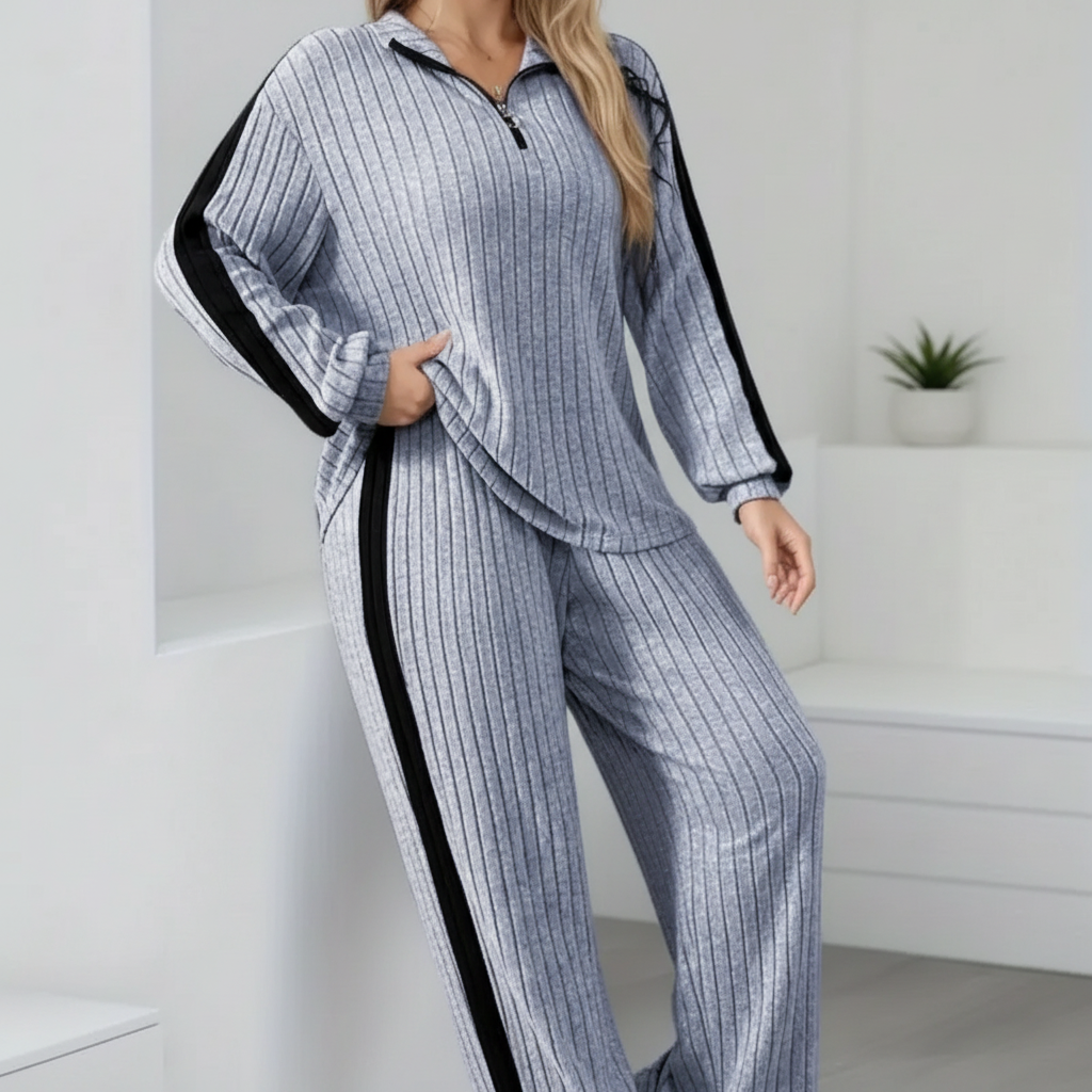 Two-piece relaxed suit with zipper collar and wide-leg pants