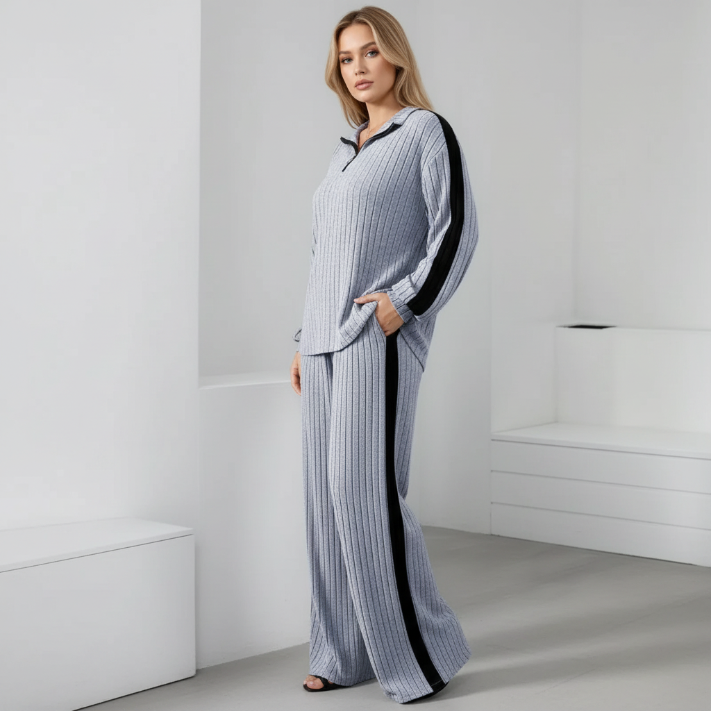 Two-piece relaxed suit with zipper collar and wide-leg pants