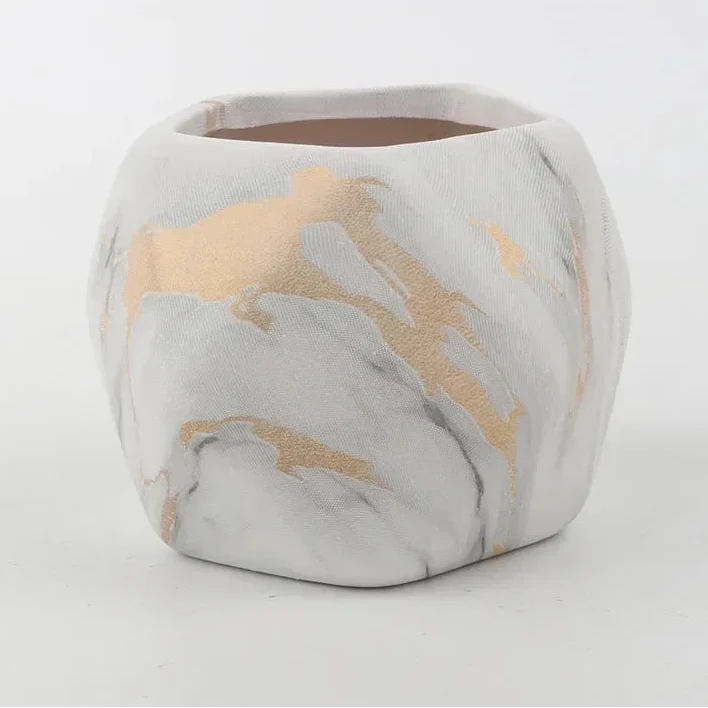 Decorative plant pot with marble and wood-grain finish in Nordic style