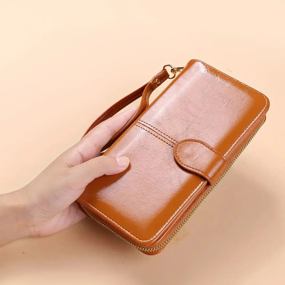 Large vintage zip clutch wallet with card slots and phone pocket
