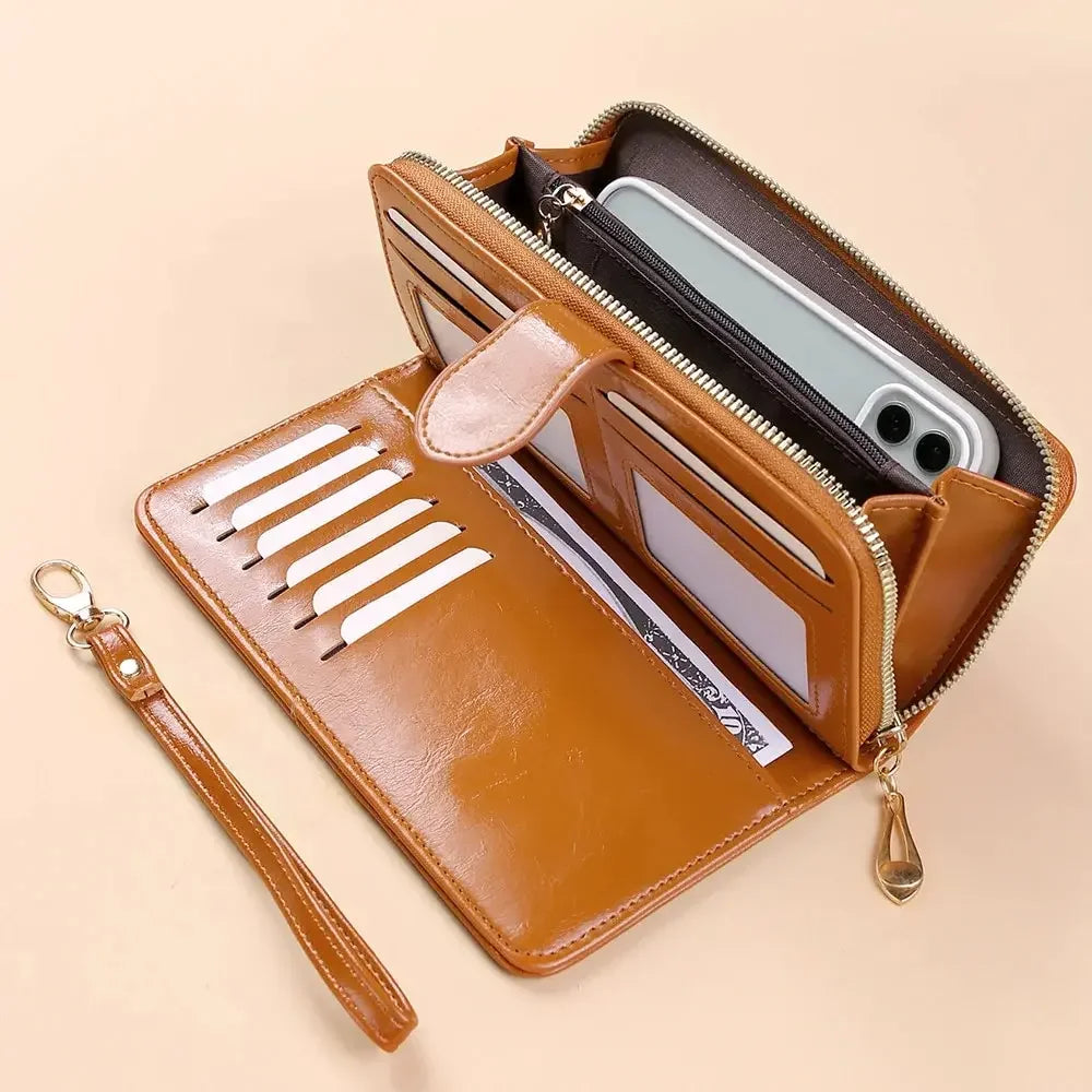 Large vintage zip clutch wallet with card slots and phone pocket