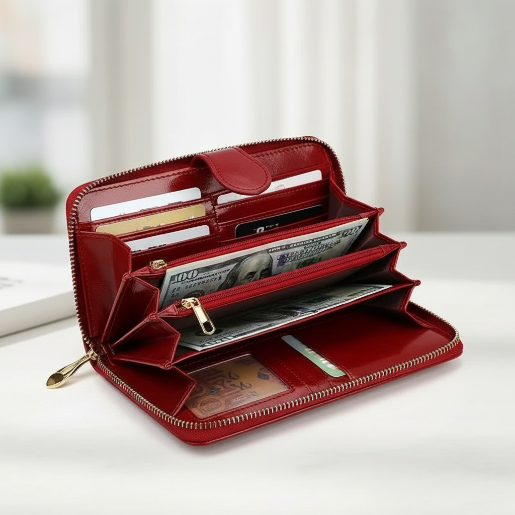 Large vintage zip clutch wallet with card slots and phone pocket