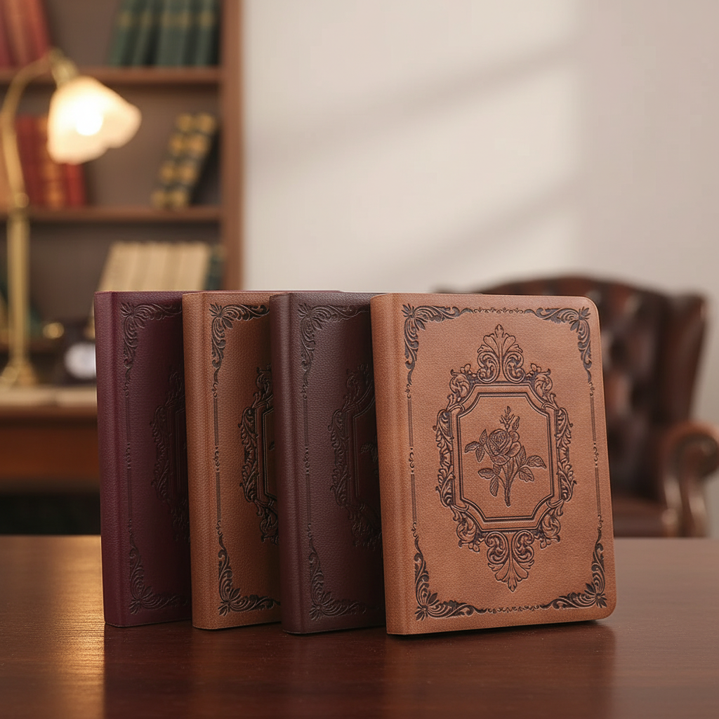 Vintage pocket journal A6 with embossed cover and thick lined pages