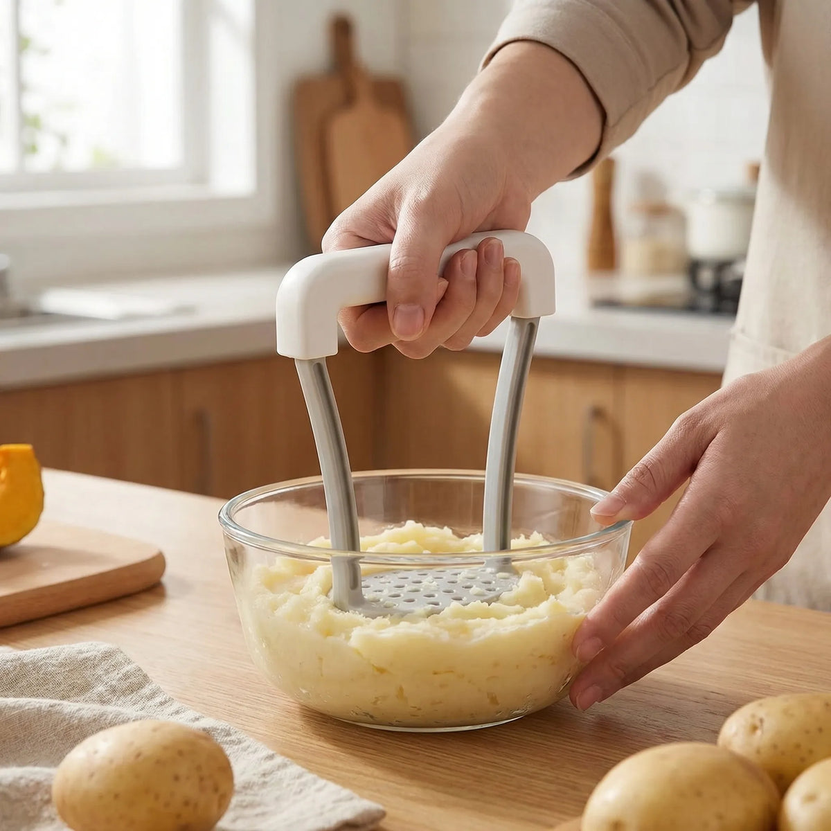 Potato ricer with non-slip grip and perforated press plate