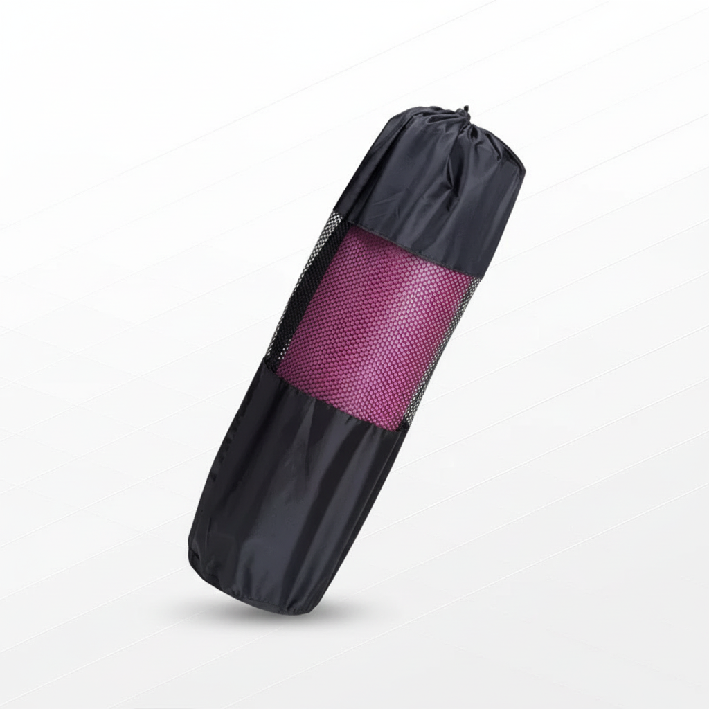 Yoga mat carrier with drawstring closure and breathable mesh ventilation