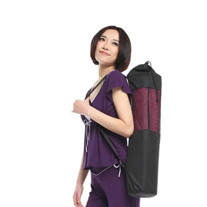 Yoga mat carrier with drawstring closure and breathable mesh ventilation