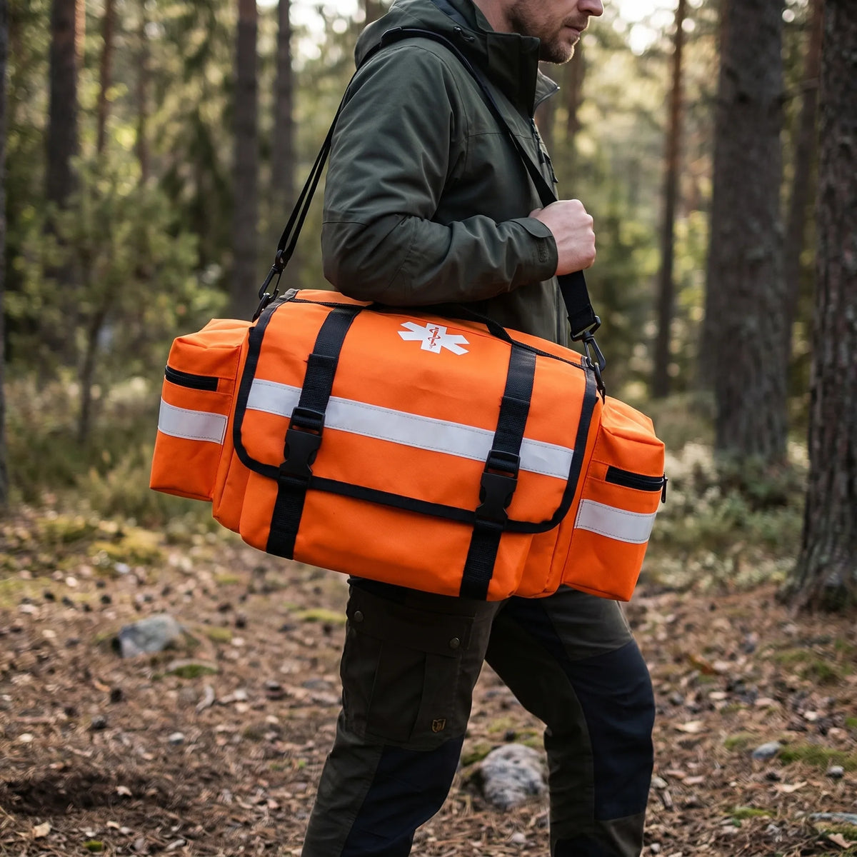 Empty first aid bag with high-visibility reflective stripes and multiple compartments