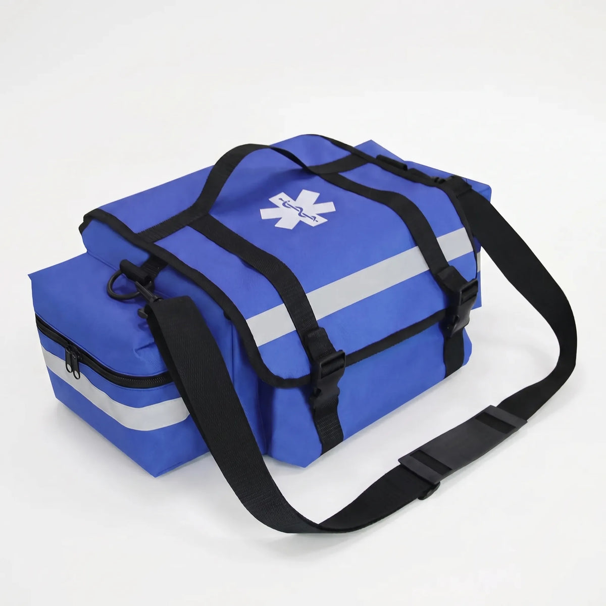 Empty first aid bag with high-visibility reflective stripes and multiple compartments