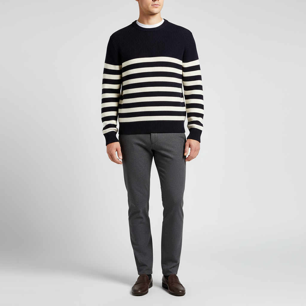 Men's crew neck pullover with stripe detail warm wool knit