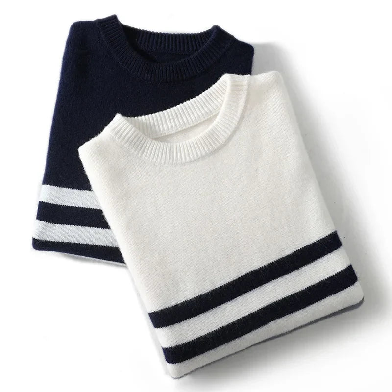 Men's crew neck pullover with stripe detail warm wool knit