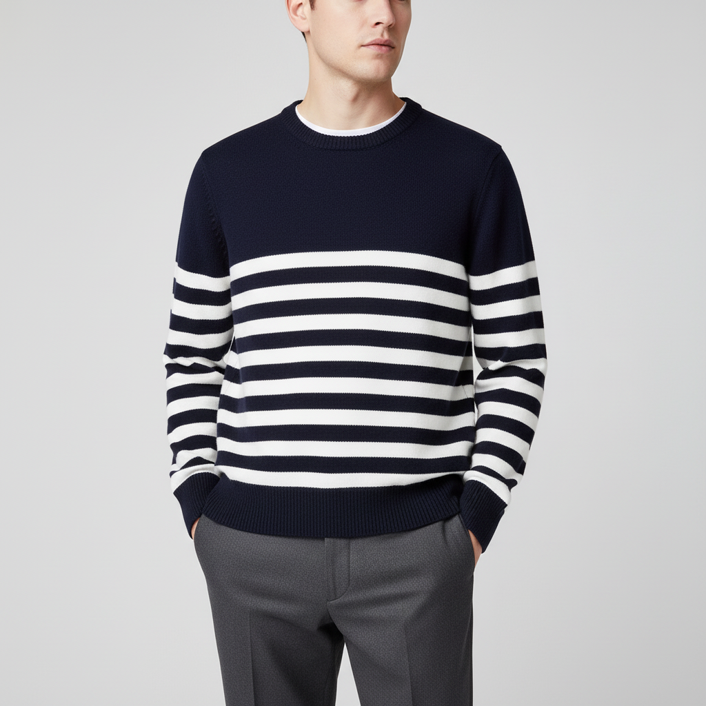 Men's crew neck pullover with stripe detail warm wool knit