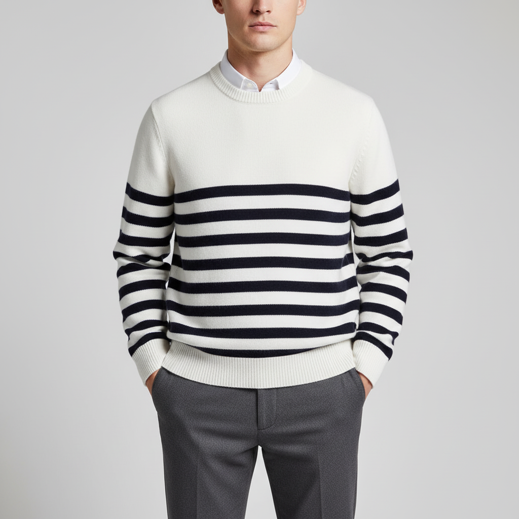 Men's crew neck pullover with stripe detail warm wool knit