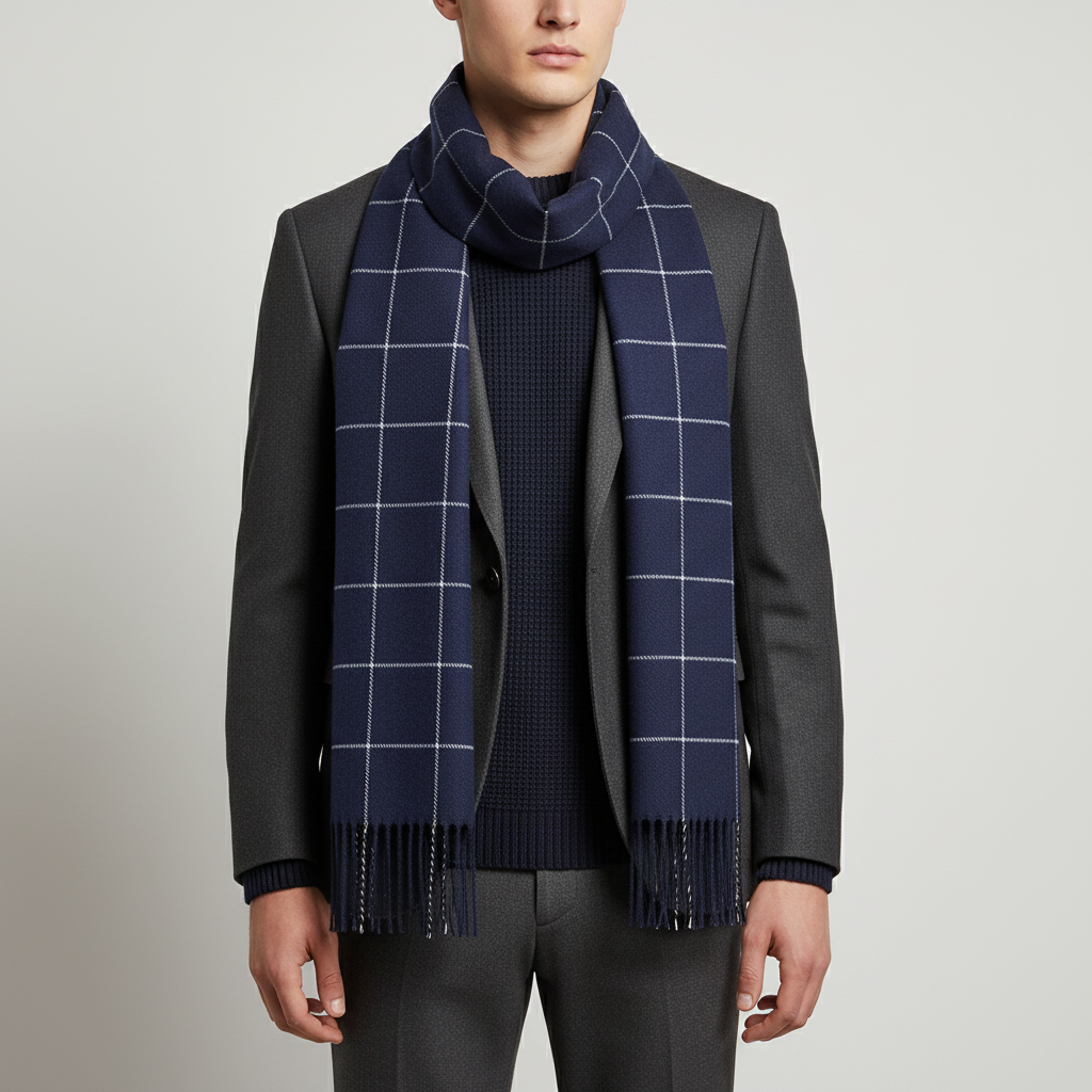 Men's plaid scarf with soft cashmere-like polyester and tassel edge