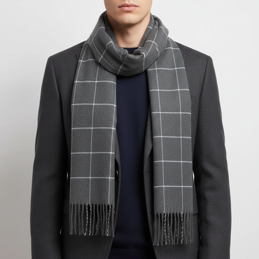 Men's plaid scarf with soft cashmere-like polyester and tassel edge