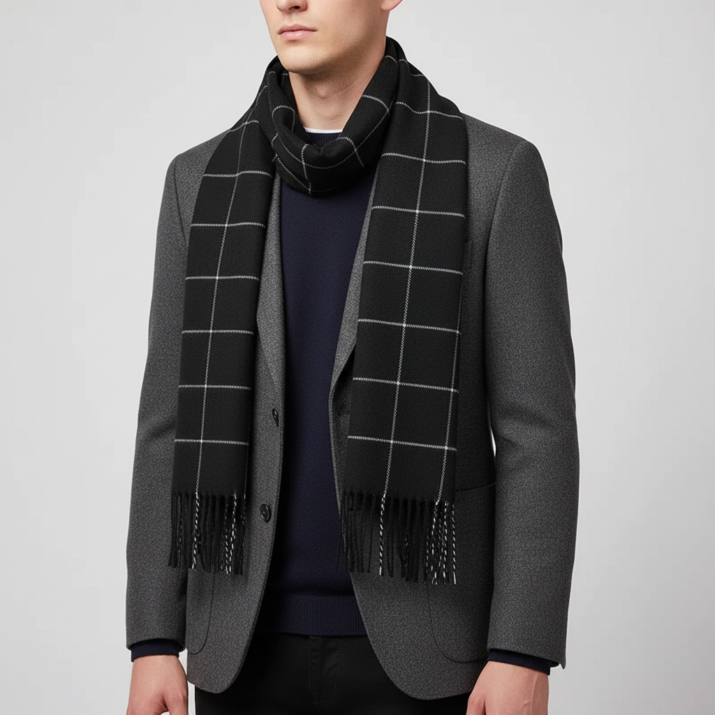 Men's plaid scarf with soft cashmere-like polyester and tassel edge