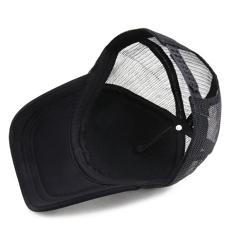 Plain mesh trucker cap with breathable back panel and snapback closure