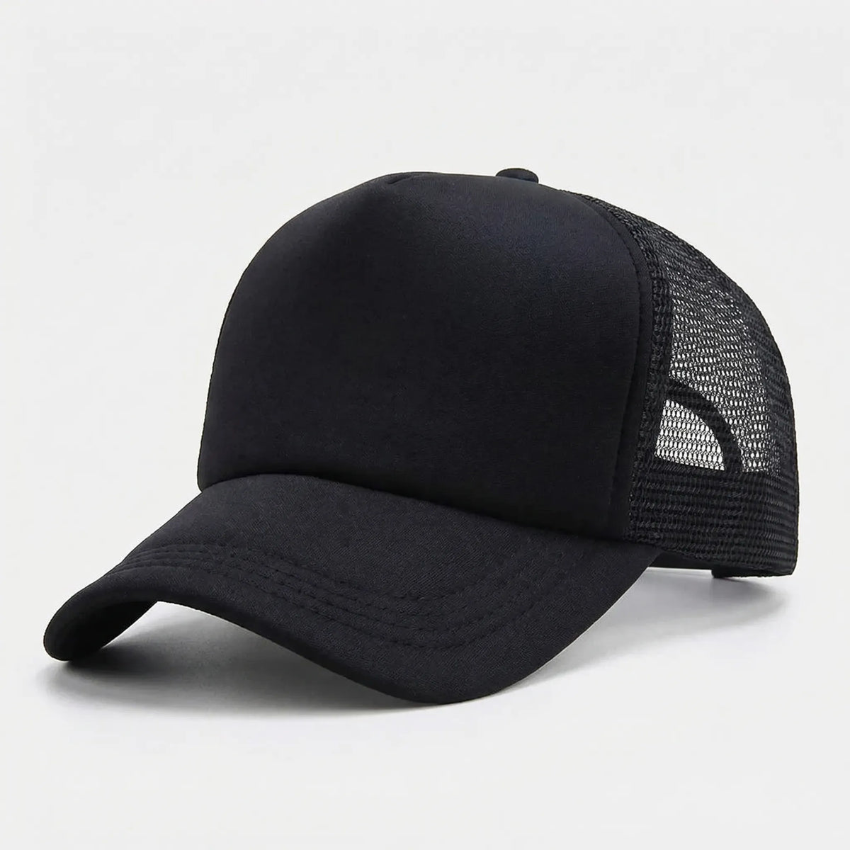 Plain mesh trucker cap with breathable back panel and snapback closure