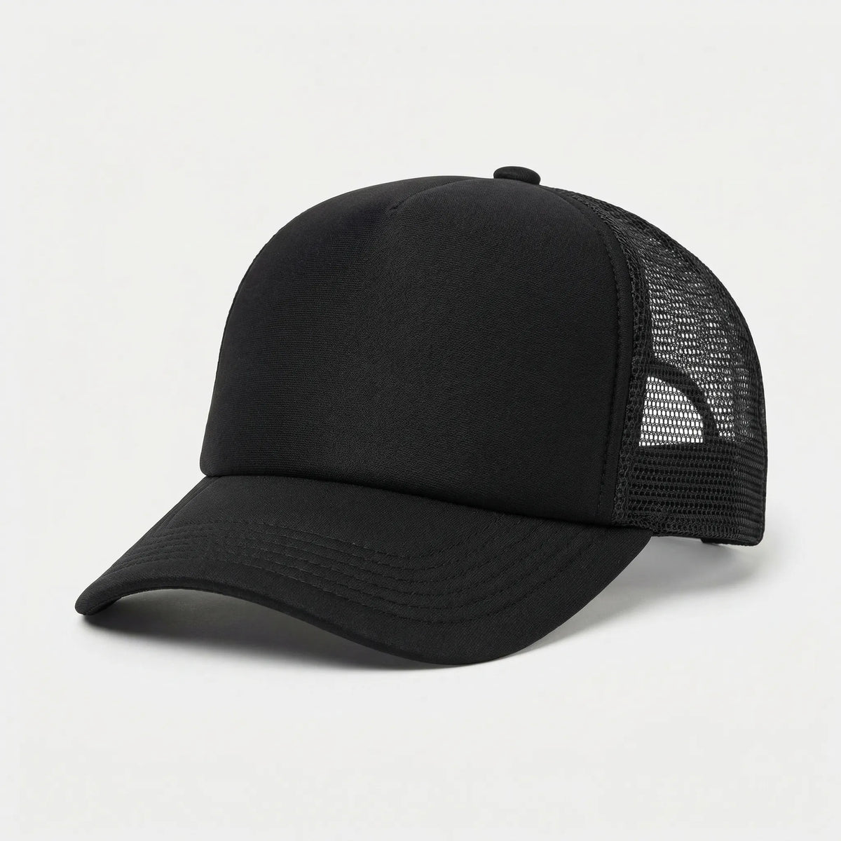 Plain mesh trucker cap with breathable back panel and snapback closure