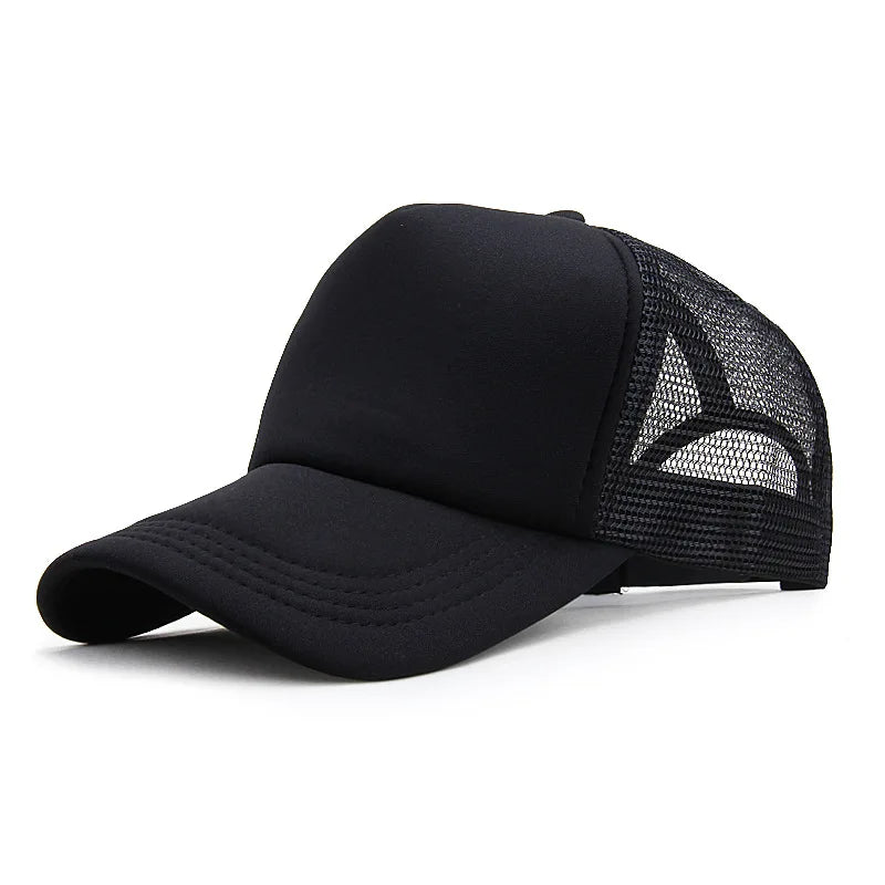 Plain mesh trucker cap with breathable back panel and snapback closure