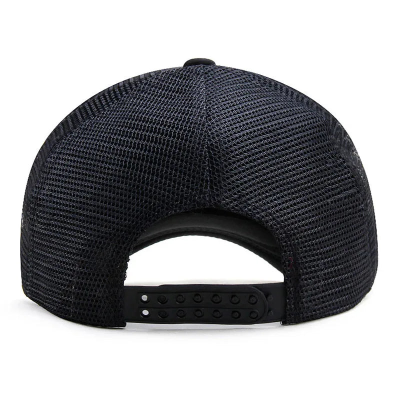 Plain mesh trucker cap with breathable back panel and snapback closure