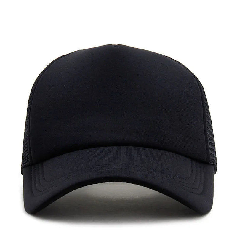 Plain mesh trucker cap with breathable back panel and snapback closure