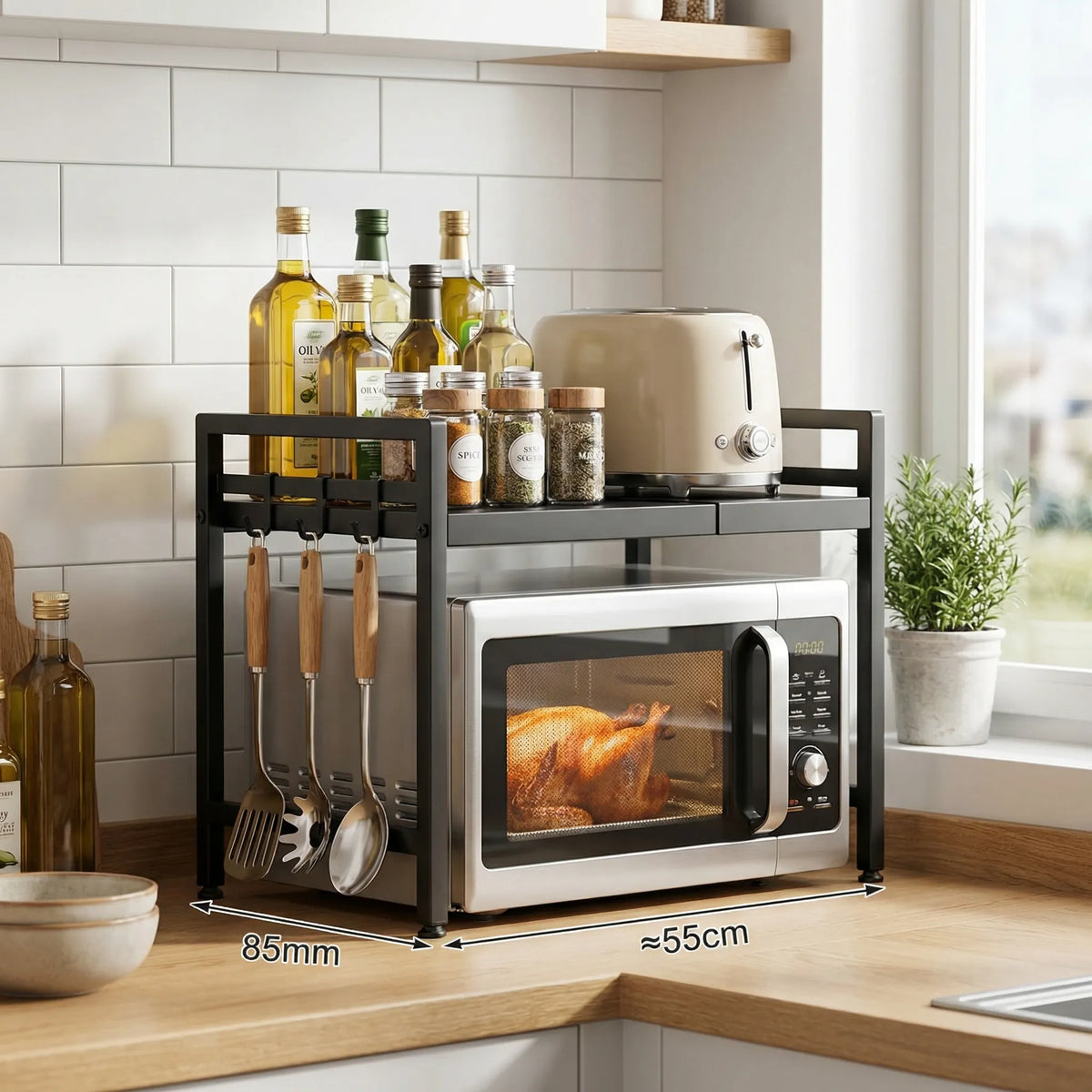 Expandable microwave shelf moisture resistant with hanging hooks