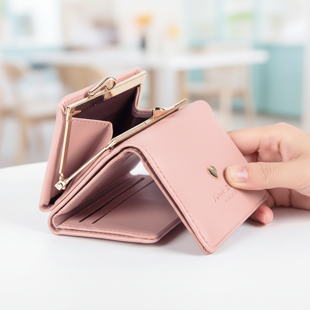 Compact folding wallet with metal clasp coin compartment and card slots