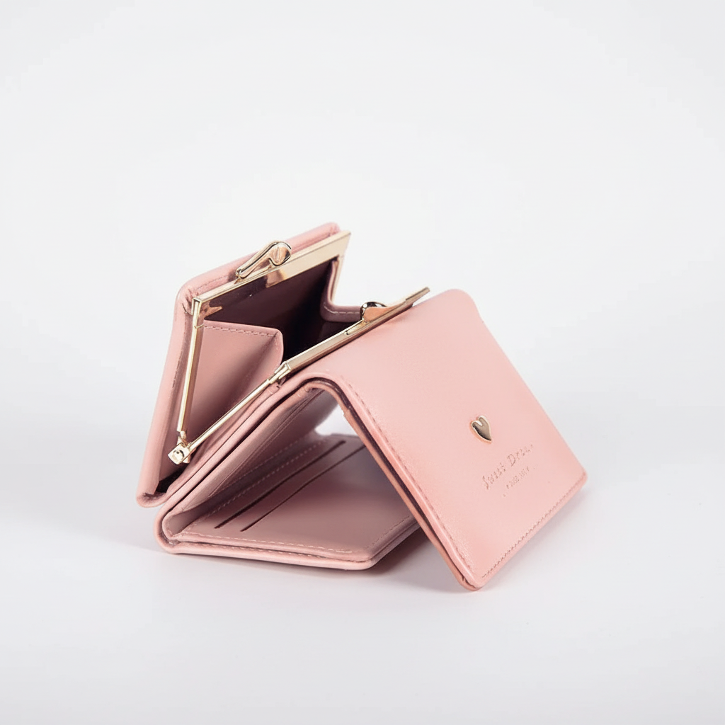Compact folding wallet with metal clasp coin compartment and card slots