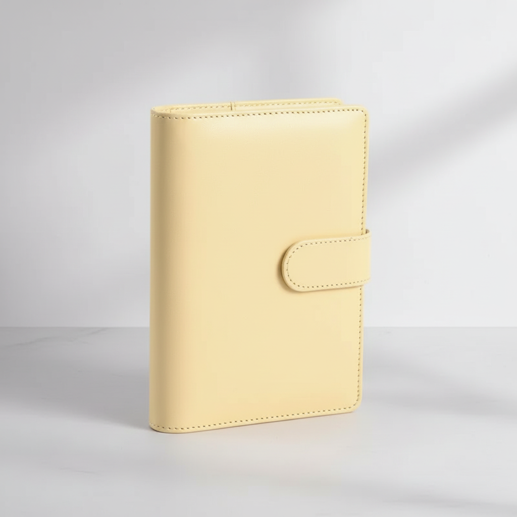 Compact A6 budget binder planner with clear envelope pockets and zip compartments