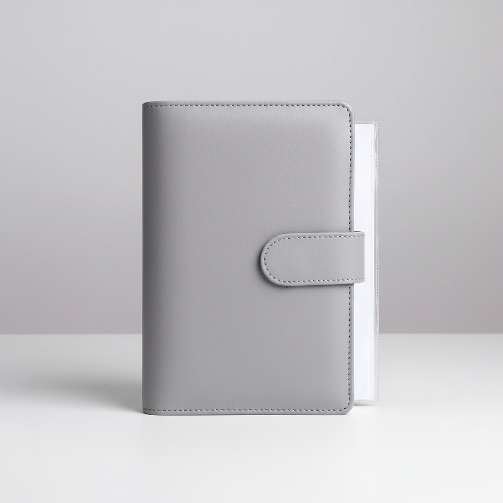 Compact A6 budget binder planner with clear envelope pockets and zip compartments