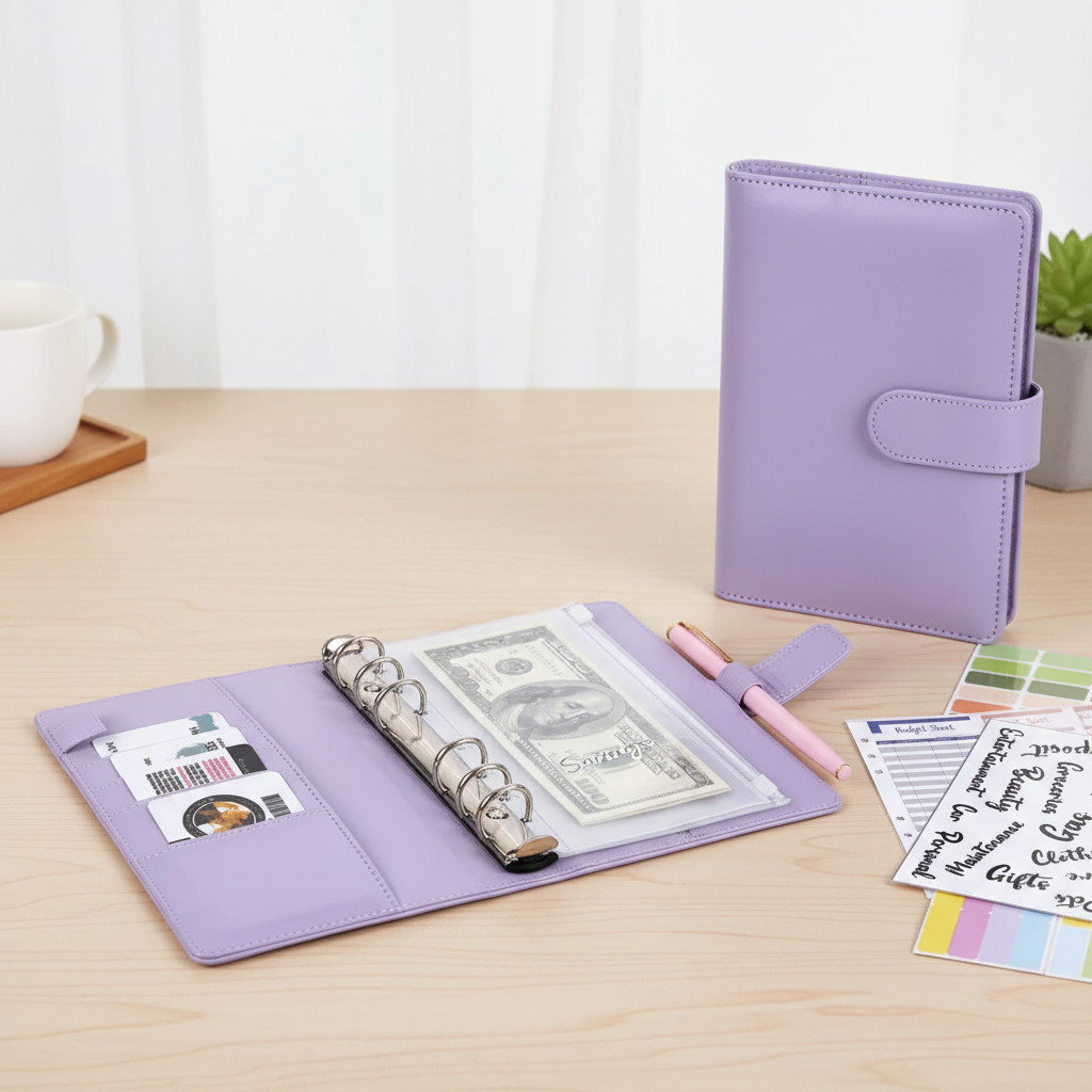 Compact A6 budget binder planner with clear envelope pockets and zip compartments