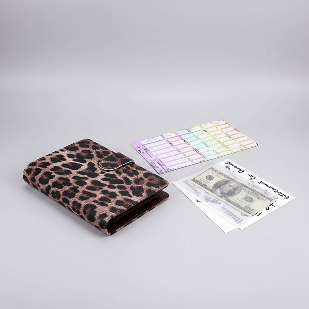 Compact A6 budget binder planner with clear envelope pockets and zip compartments
