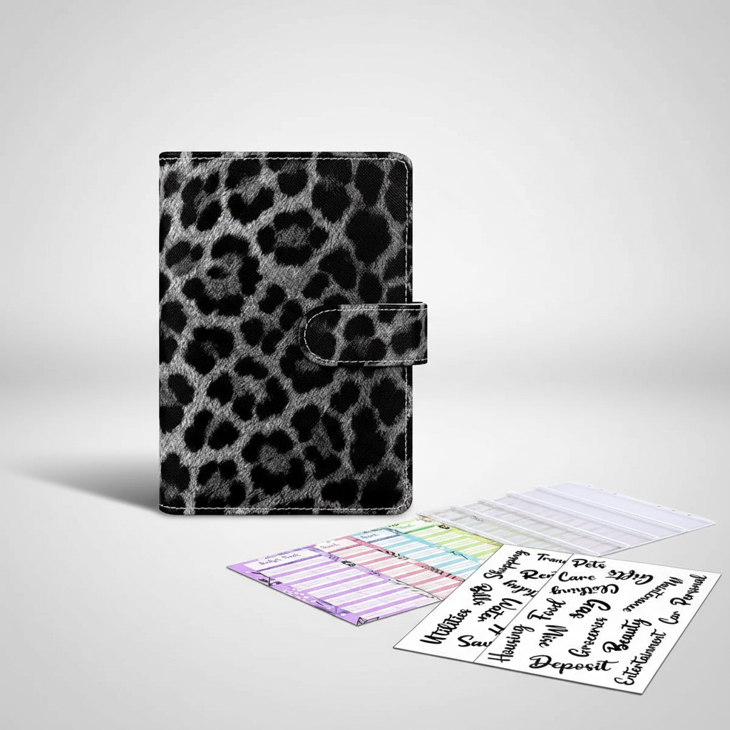 Compact A6 budget binder planner with clear envelope pockets and zip compartments