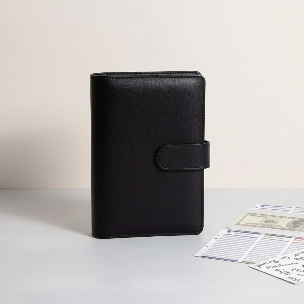 Compact A6 budget binder planner with clear envelope pockets and zip compartments