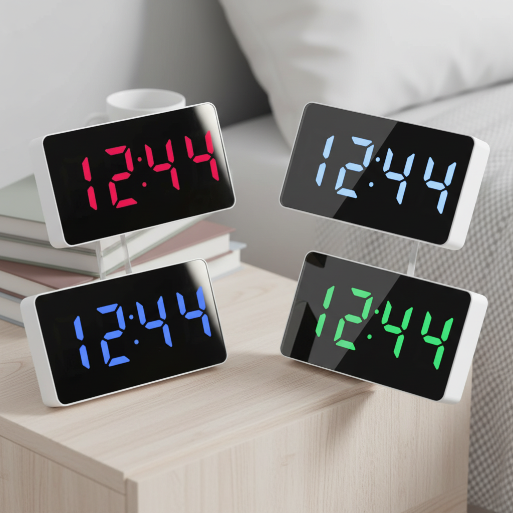 Compact mirror LED digital alarm clock with snooze and night light