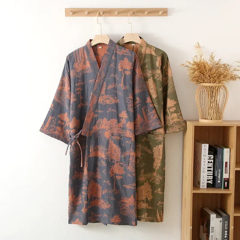 Lightweight kimono style robe with scenic printed design and breathable woven construction