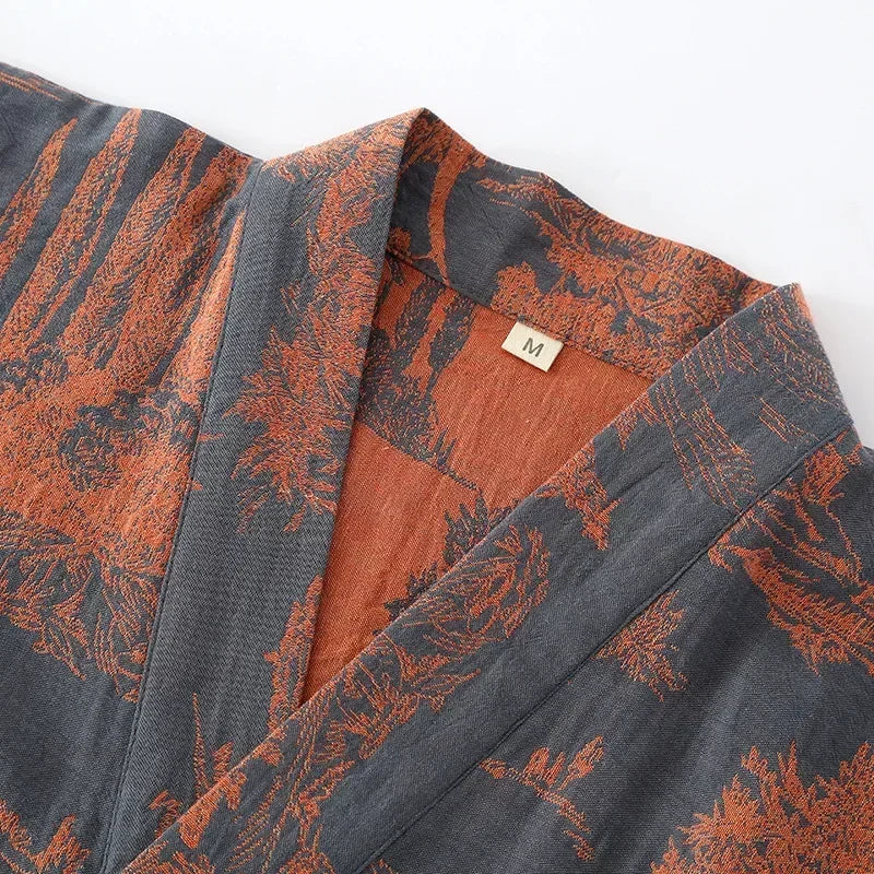 Lightweight kimono style robe with scenic printed design and breathable woven construction