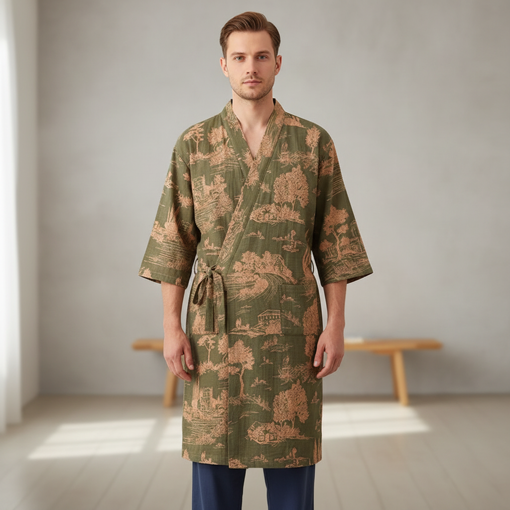 Lightweight kimono style robe with scenic printed design and breathable woven construction