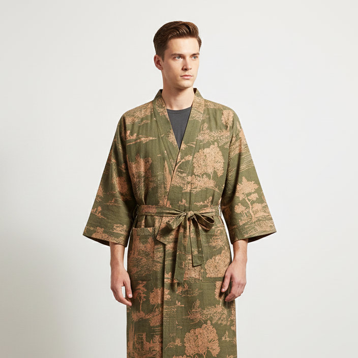 Lightweight kimono style robe with scenic printed design and breathable woven construction