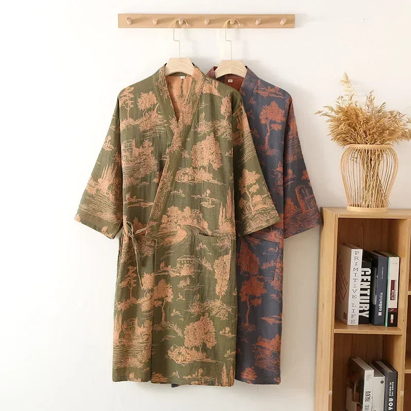 Lightweight kimono style robe with scenic printed design and breathable woven construction