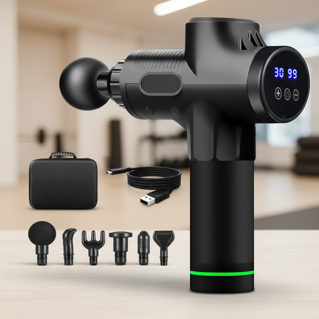 Handheld percussion massage gun with interchangeable heads for muscle recovery