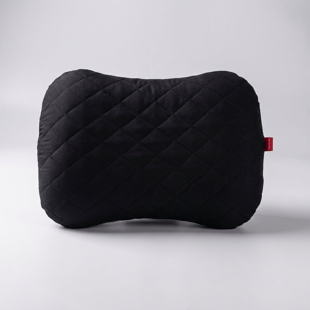 Portable inflatable travel pillow with ergonomic neck support and soft quilted surface