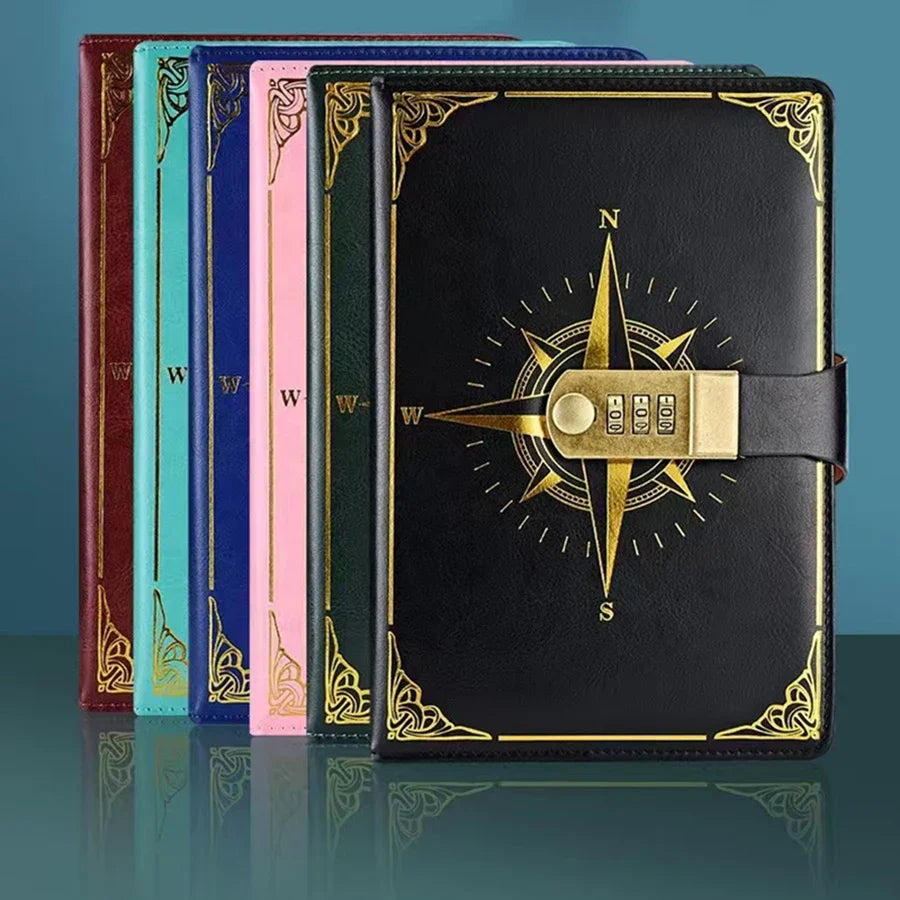 A5 compass journal with combination lock and beige pages