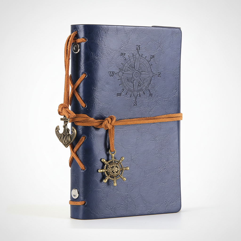 Compact refillable travel journal with vintage embossed compass design