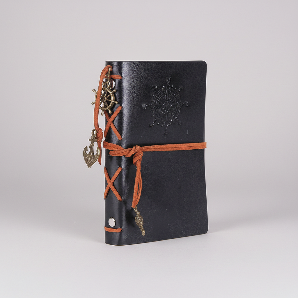 Compact refillable travel journal with vintage embossed compass design